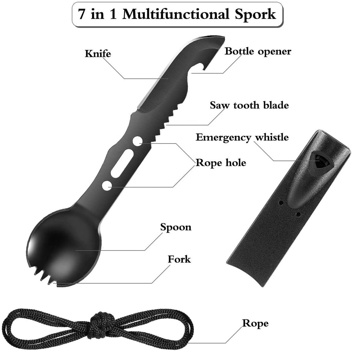 Camping Spork 7 in 1 - Stainless Steel Spork with Knife, Bottle Opener & Whistle - 2
